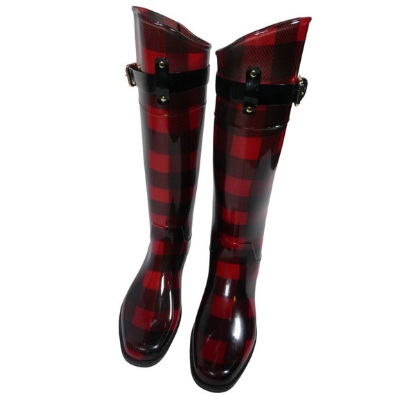 Ralph Lauren Women's Red/Black Checkered Rossalyn II Rain Boots Size 8 - Picture 3 of 10